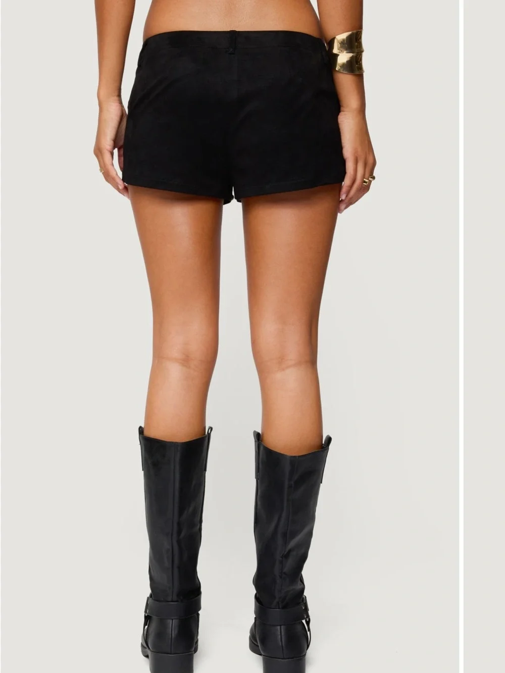 EDIKTED Belted Studded Faux Suede Microshorts Black Gold